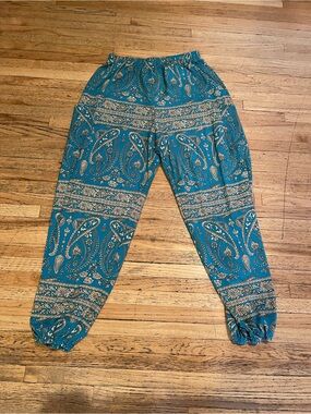 Teal Paisley Elastic-Waist Jogger Pants